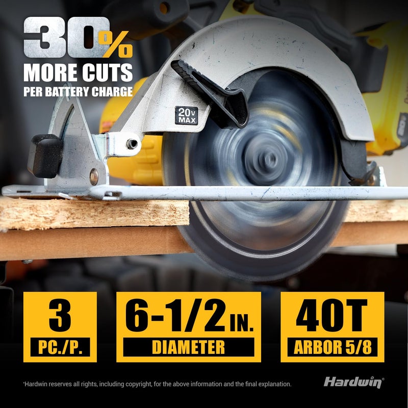 HARDWIN 6-1/2 Circular Saw Blades 3-Pack, 40T ATB Carbide - Ultra-Lightweight for Cordless Saws & Old Tools, Saves Battery, Thin Kerf Cuts Wood/Plywood/OSB | Fits DeWalt/Makita/Milwaukee - Image 4
